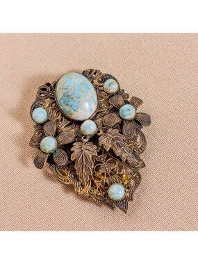 VTG 1920s Czech Peking Blue Crystal Filigree Dress Clip Pendant C12